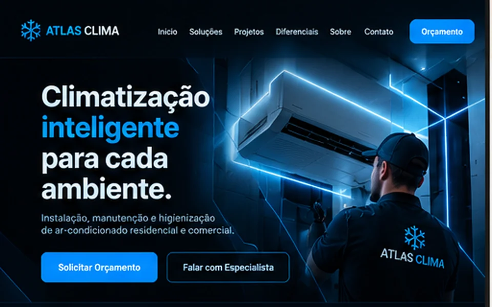 Interface Atlas Clima com técnico, ar-condicionado e elementos geométricos azuis