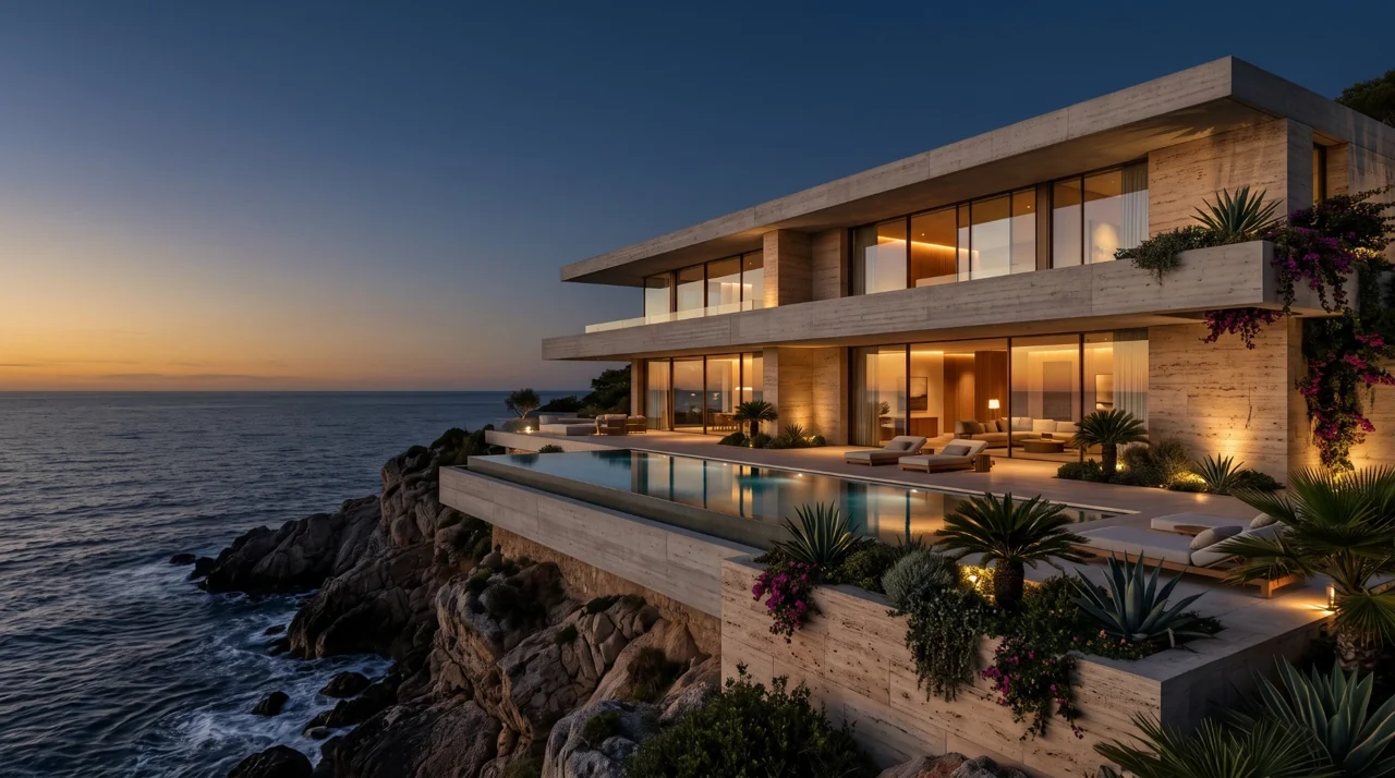 Residência contemporânea à beira-mar ao entardecer