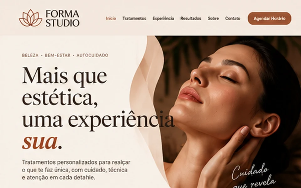 Interface conceitual Forma Studio com tipografia editorial e retrato de beleza