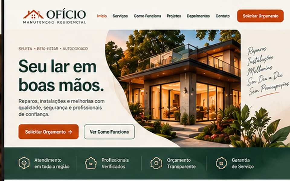Interface Ofício com casa, fundo creme, detalhes verdes e botões laranja